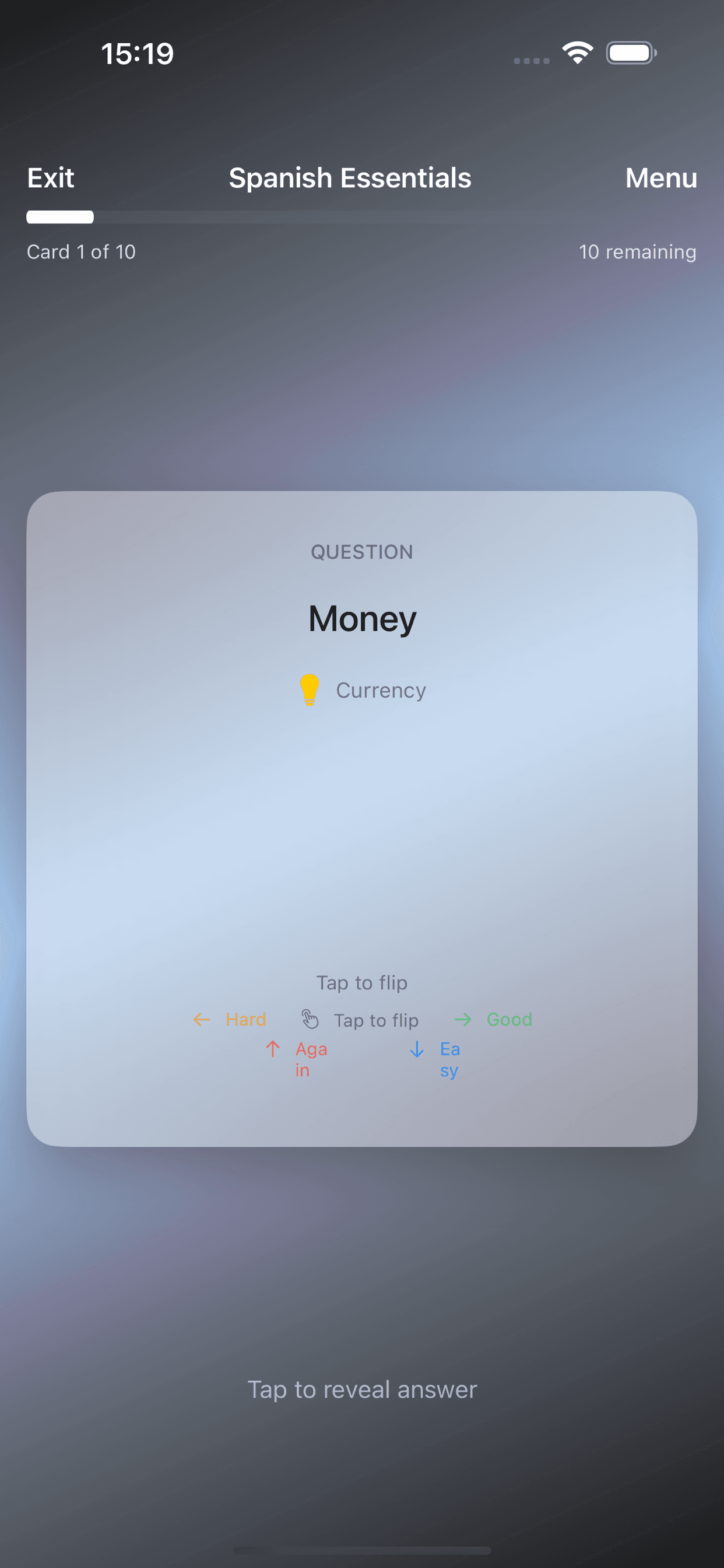 Rappelia study session showing the question side of a card