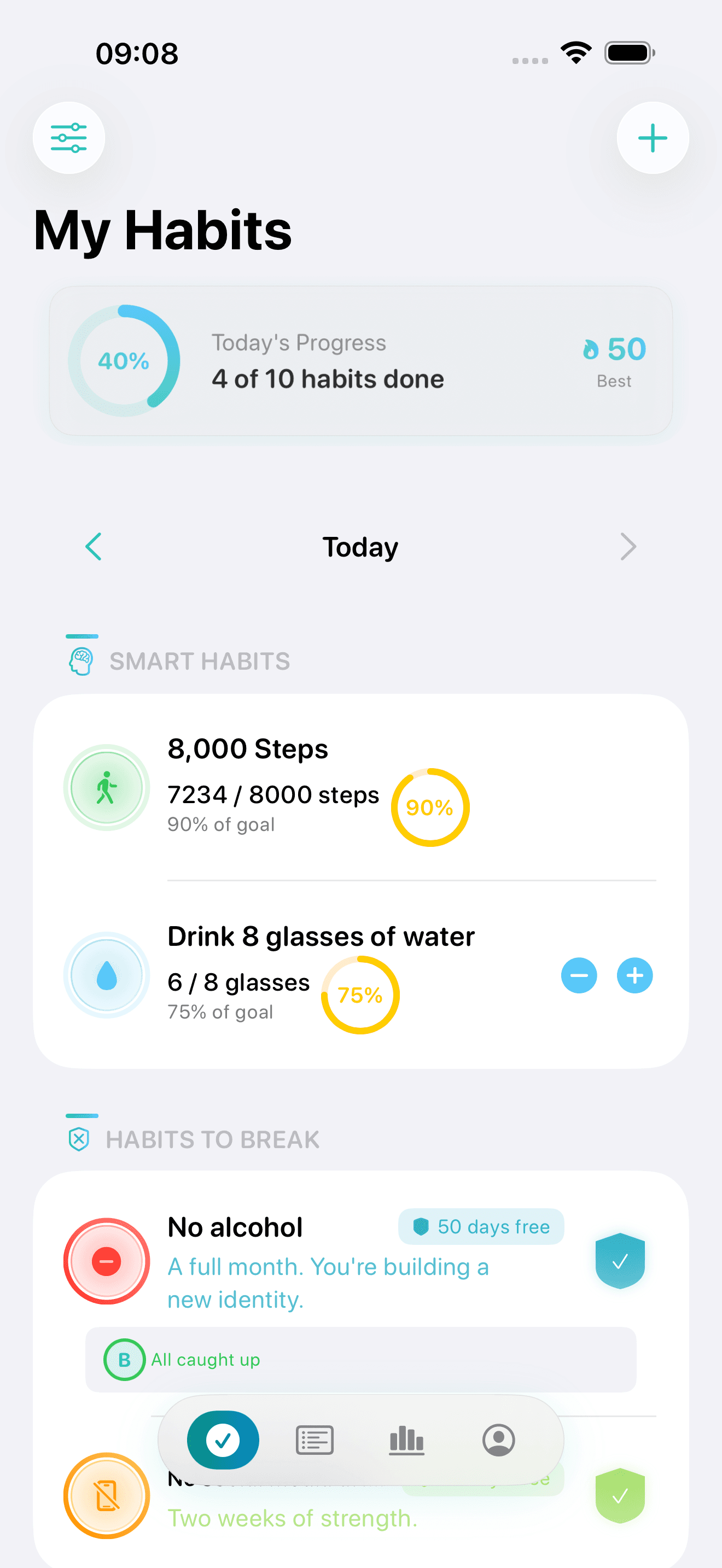 Vestig home with today's progress rings and smart habits