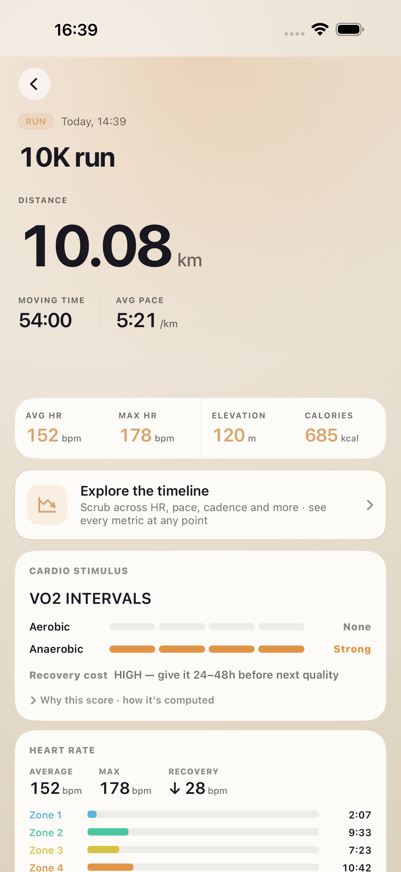 Workout detail with cardio score and written review