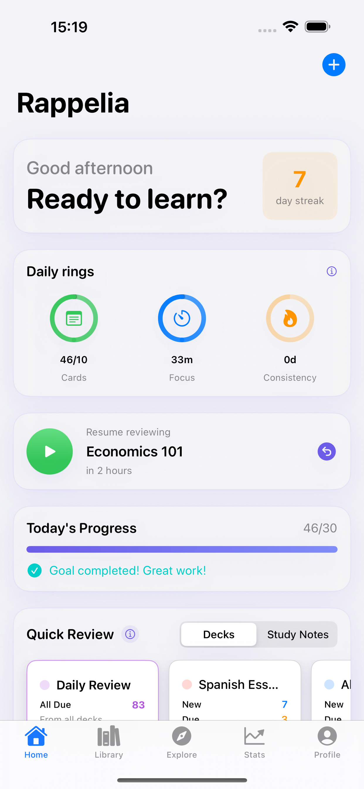 Rappelia home screen with decks and daily streak