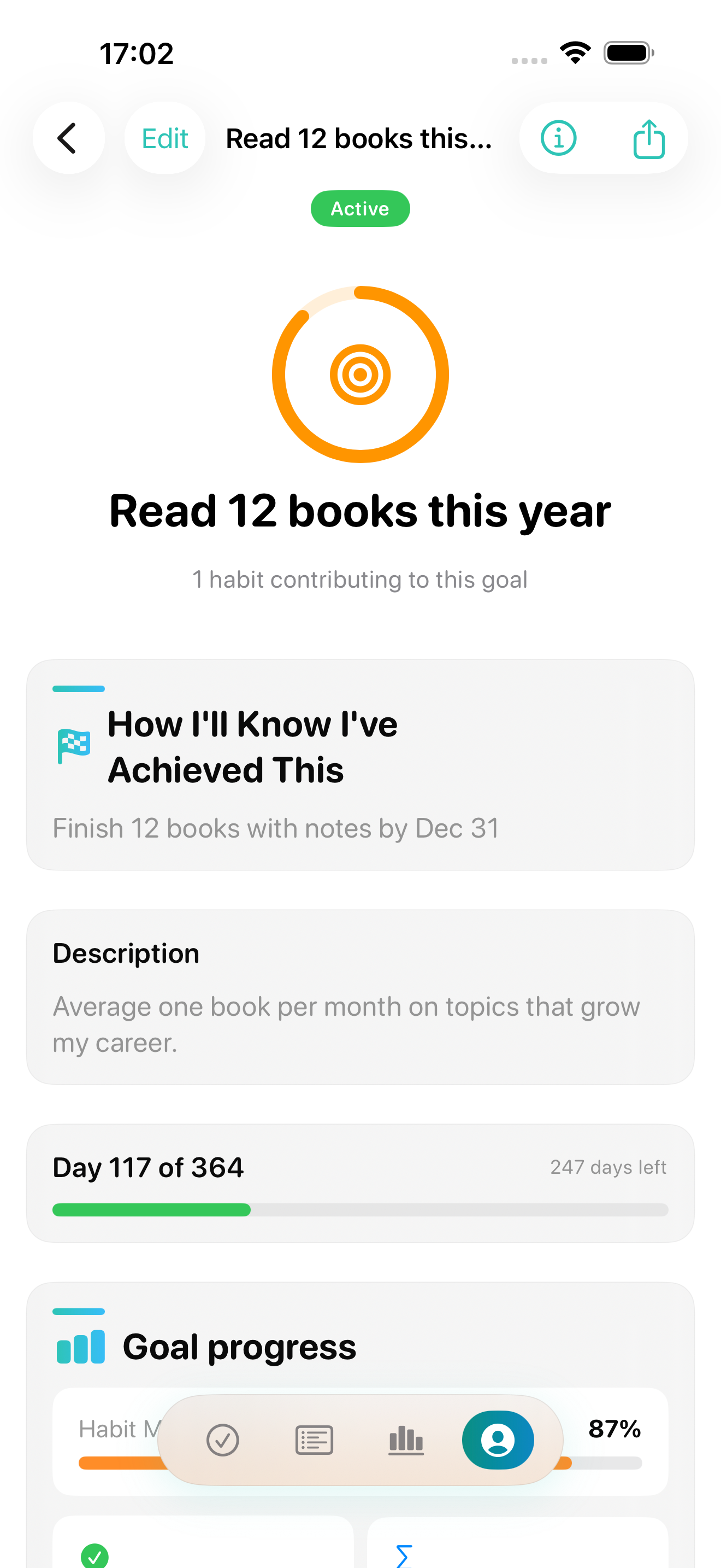 Vestig goal detail with progress and habits