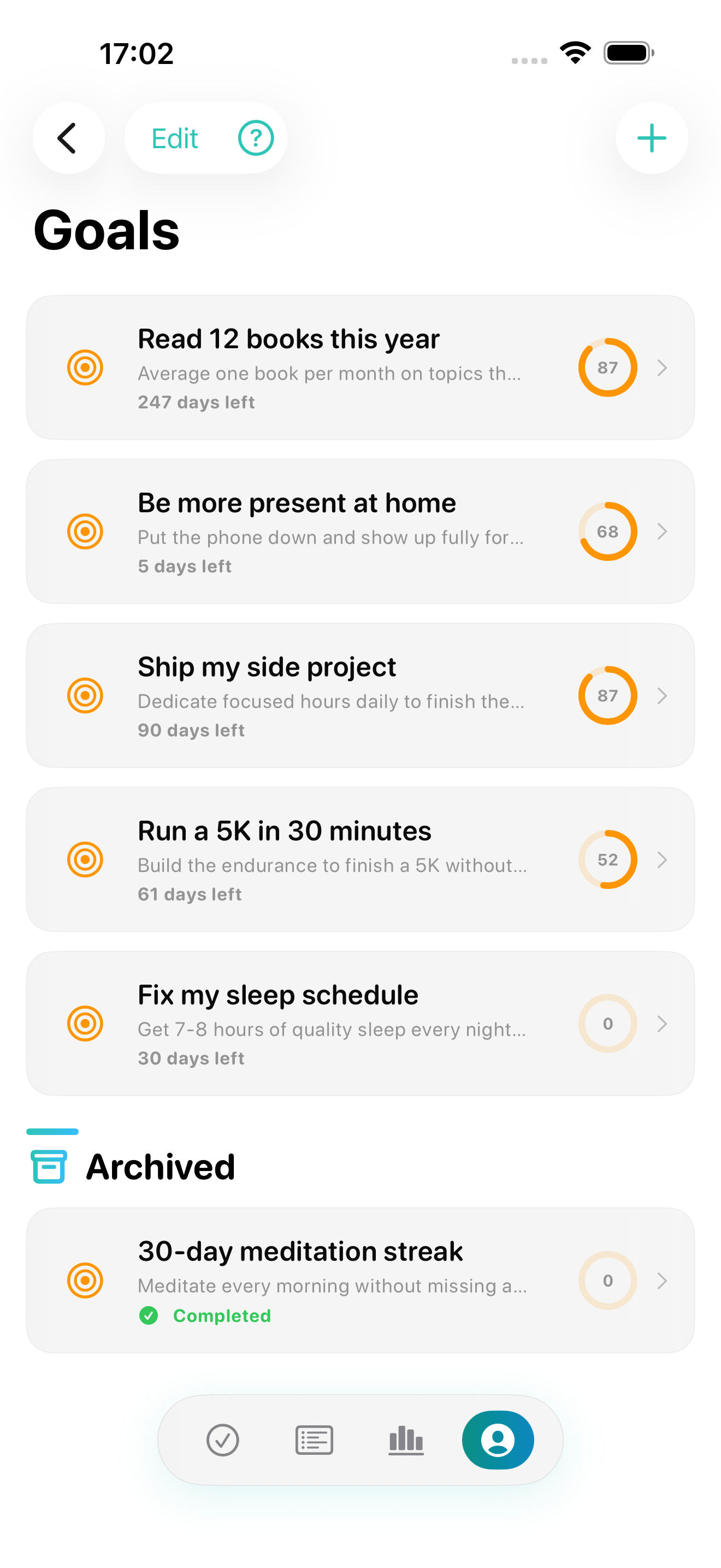 Vestig goals list with progress
