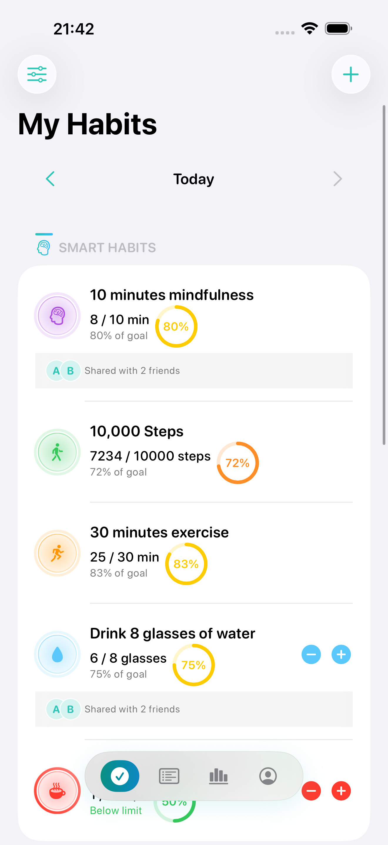 Vestig Today screen with smart habits and habits to break